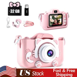 Kids Mini Digital Camera With Video Cartoon Soft Silicone Cover 32GB SD Card
